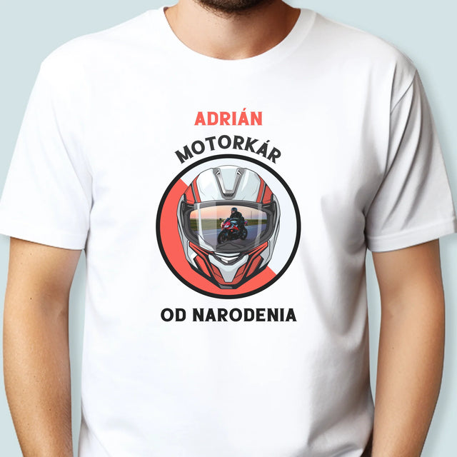 Zdjęcie I Podpis: Motocyklista Od Urodzenia - Koszulka Męska z Nadrukiem | SK