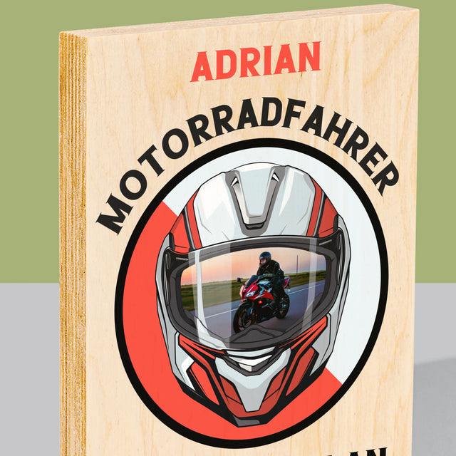 Foto Und Unterschrift: Motorradfahrer Von Geburt An - Druck Auf Holz
