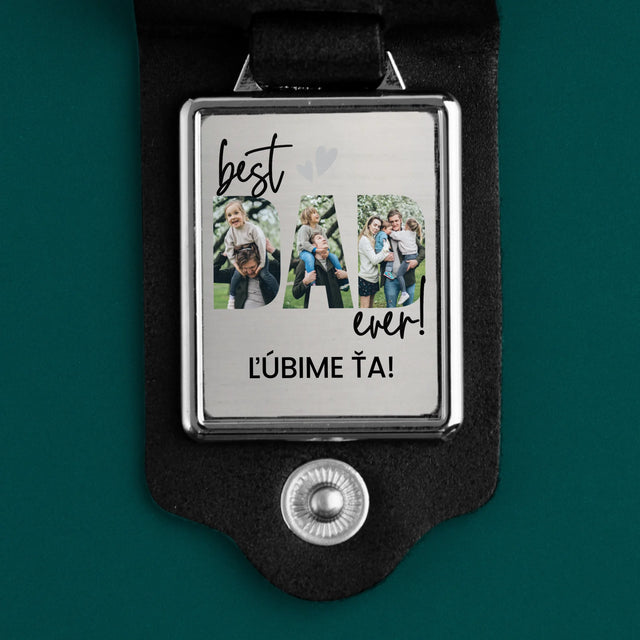 Wort von Bildern: Bester Papa aller Zeiten mit Unterschrift - Leder-Schlüsselanhänger mit Foto | SK