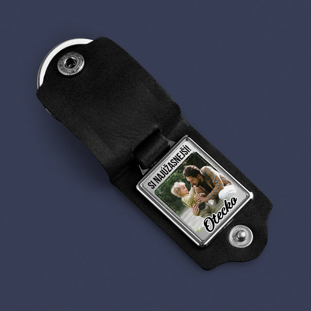 Foto und Unterschrift: Bester Papa - Leder-Foto-Schlüsselanhänger | SK