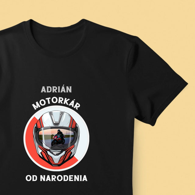Zdjęcie I Podpis: Motocyklista Od Urodzenia - Koszulka Męska z Nadrukiem | SK